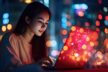 Tech-savvy Gen Z woman using AI to manage career growth and digital transformation. Working remotely on advanced tech projects.