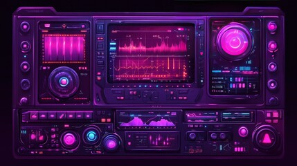 Fototapeta premium Futuristic control panel with glowing interface, buttons and screen displays.