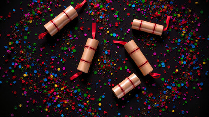 Holiday crackers with colorful confetti on black background