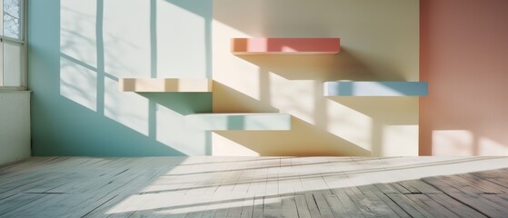 Fototapeta premium Sunlight pours into an empty, pastel-colored room with shelves casting shadows on wooden floors, creating an inviting dance of light and shadow.