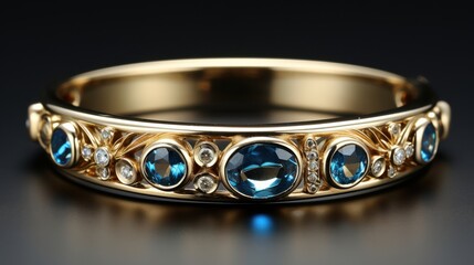 A delicate gold bangle adorned with sparkling blue gemstones and shimmering diamonds, showcasing intricate craftsmanship and timeless elegance.