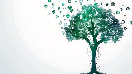Minimalistic digital illustration of a tree incorporating green technology icons, with a simple white background and space for a text banner.