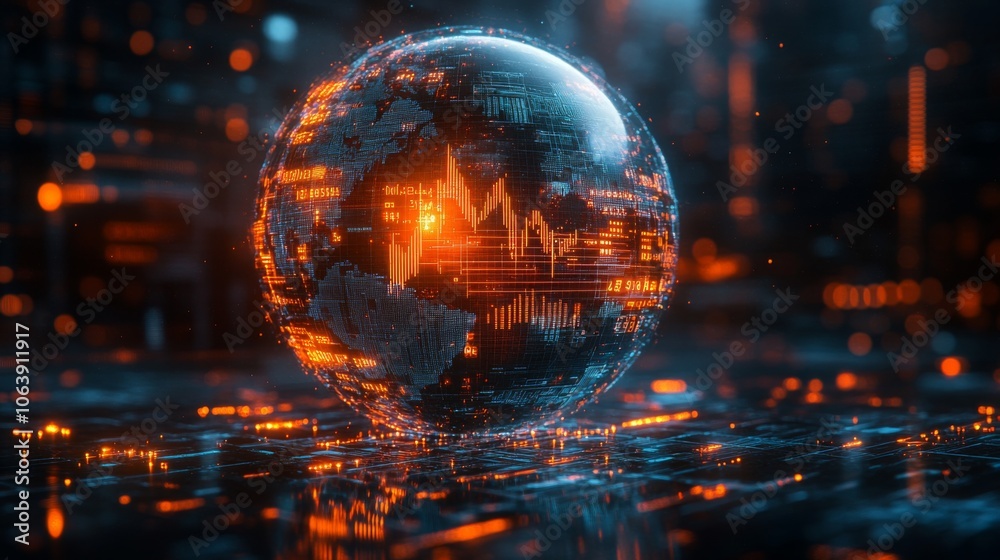 Poster The glowing digital globe showcases data visualizations in vibrant orange, floating above intricate dark technology patterns, creating a futuristic atmosphere.