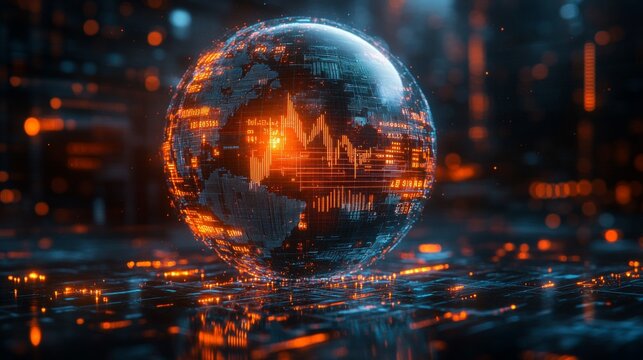 The glowing digital globe showcases data visualizations in vibrant orange, floating above intricate dark technology patterns, creating a futuristic atmosphere.
