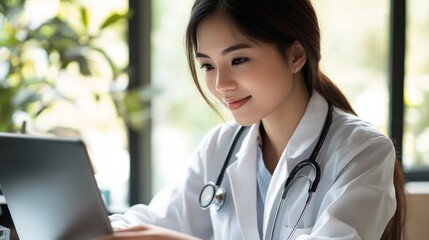 Young Asian female medic working on telehealth consultations. Helping patients online with digital care and telemedicine.