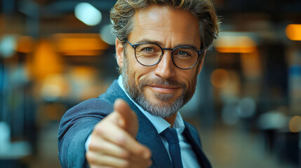 Obraz premium Portrait of a cheerful businessman in a modern office, exemplifying confidence and satisfaction in a professional setting