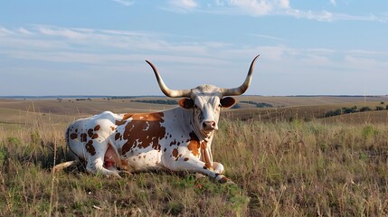 Texas Longhorn cow lounging on a grassy field, its impressive horns and relaxed posture highlighted against a backdrop of open countryside.
