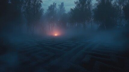 A misty landscape envelops a maze-like pattern on the ground, created by low shrubs or grass. Tall, thin trees with delicate branches rise amid the haze, softly illuminated by a warm, glowing light at