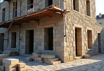 Construction of a stone building with scaffolding in progress during the day at a developing site