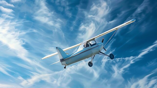 Ultralight plane gliding effortlessly through a bright blue sky with wisps of white clouds, capturing the thrill of solo flight and adventure.