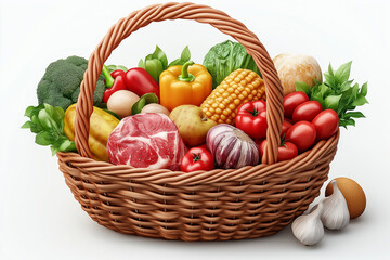 Grocery shopping basket with food items isolated on a white background, 3D rendering illustration.