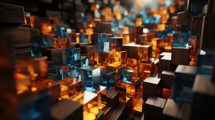 Obraz premium A mesmerizing abstract composition of wooden and glass blocks, juxtaposing natural textures with luminous, transparent surfaces.
