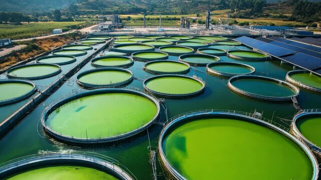 Large circular algae cultivation pools in a serene landscape, showcasing modern sustainable farming techniques