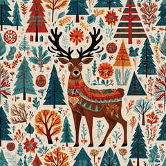 Folk art-inspired Christmas illustrations with unique, vibrant patterns