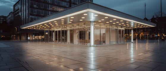 A sleek and modern glass pavilion illuminates a deserted plaza at dusk, evoking solitude and architectural elegance.
