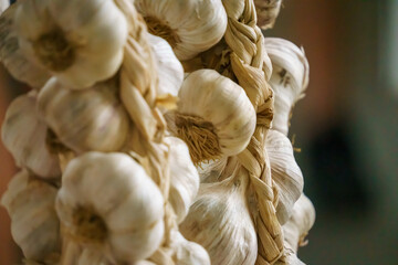 Knoblauch hängend an einem Verkaufsstand 