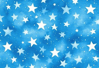 Blue sky background with stars, watercolor hand-drawn illustration, pastel color palette, seamless pattern