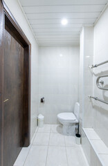 Bright Elegant Home Bathroom Interior Design. LED Lights. Tiled Floor and Walls. Heater. Retro Wooden Door