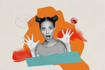 Composite photo collage of astonished girl mouth faceless pressure bullying concept offend problem...