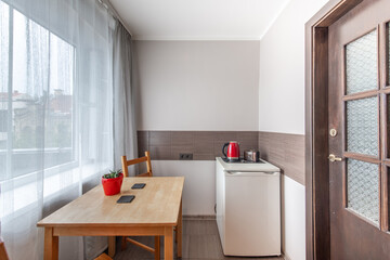 Classic Retro Home Kitchen Interior and Dining Table. Oven, Kettle, Windows. Dinning Table and Chairs. Minimalistic Interior Design. Window and Curtains
