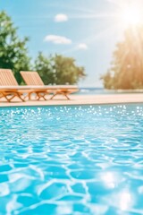 Obraz premium A tropical paradise resort pool with sparkling water under the sun and lounge chairs on a stylish deck