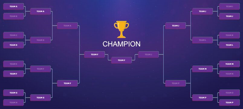 Sport game tournament contest stage bracket board. 3d stereo glitch tournament gold champion trophy prize. Blank tournament for 16 players or teams template event or playoff on neon background.