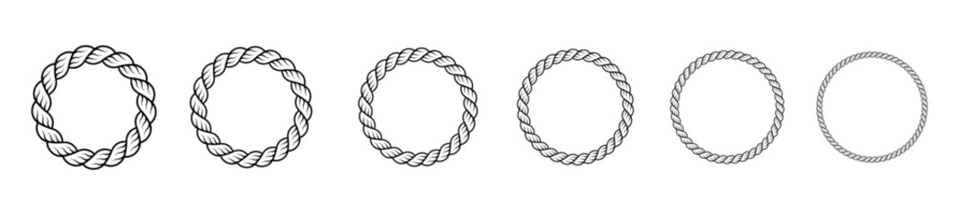 Round rope borders in the circles shape. Vector collection of black braided cord frames isolated on transparent background  © Olga Tsikarishvili