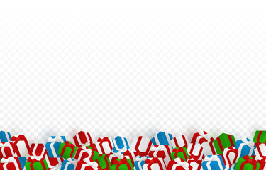 Vector gifts png. A lot of gifts lie on the ground, fallen gifts on a transparent background. Christmas or New Year gifts. Festive background.