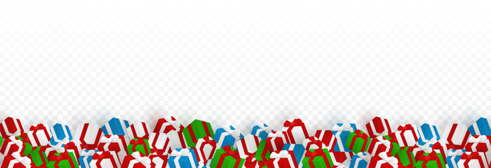 Vector gifts png. A lot of gifts lie on the ground, fallen gifts on a transparent background. Christmas or New Year gifts. Festive background.