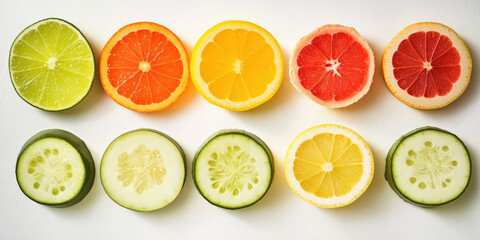 Fototapeta premium Colorful citrus and cucumber slices in a vibrant grid pattern