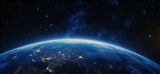 Aerial view of Earth from space with glowing city lights 