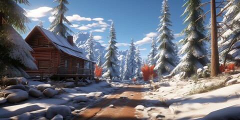 A quaint log cabin nestled amidst a snowy forest path, with towering evergreens and sun-dappled slopes leading towards a distant mountain range.