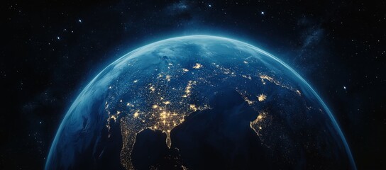 Aerial view of Earth from space with glowing city lights 