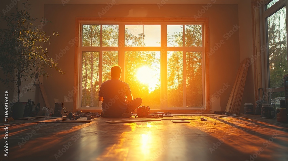 Aufkleber a figure sits cross-legged on the floor of a tranquil space, absorbing the warm glow of a sunset tha