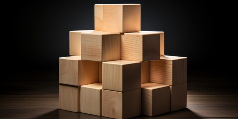 Obraz premium A Stack of Natural Wooden Blocks Against a Dark Background, Creating a Visual Representation of Growth, Stability, and Potential