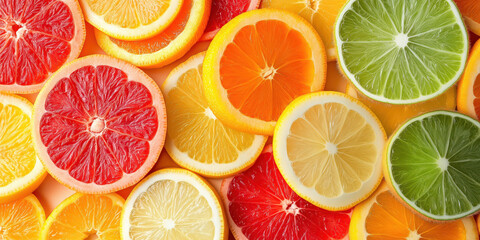 Fototapeta premium Vibrant citrus slices background highlighting bright fresh fruits