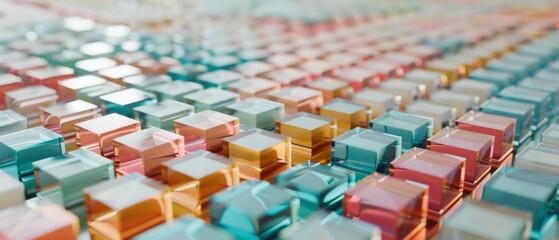 Fototapeta premium A mesmerizing array of colorful, transparent cubes creates a rhythmic pattern, reflecting light and shadows in a harmonious blend of art and geometry.