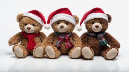 Three beautiful teddy bears wearing Santa hats and scarves, sitting in a row, isolated on white background. PNG transparent.