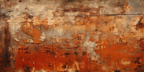 Rustic Abstract Texture Peeling Paint on Weathered Wood Surface with Flakes of Red, Brown, and Beige Tones