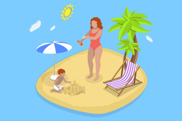 3D Isometric Flat Vector Illustration of Rest On Vacation, Young Woman Relaxing Seaside