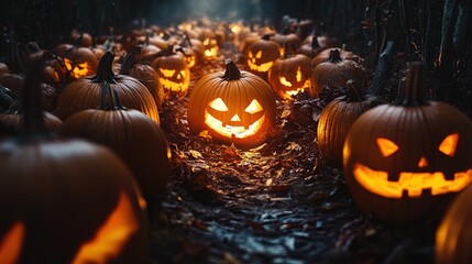 A dimly lit pumpkin patch features numerous carved pumpkins glowing with orange light. The scene is lined with dark, twisted trees on either side, creating an eerie atmosphere. Each pumpkin displays d