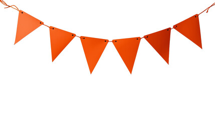 Bright orange triangular flags hanging on a string as festive decor against a transparent background.