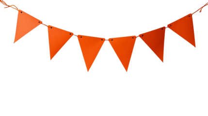 Bright orange triangular flags hanging on a string as festive decor against a transparent background.