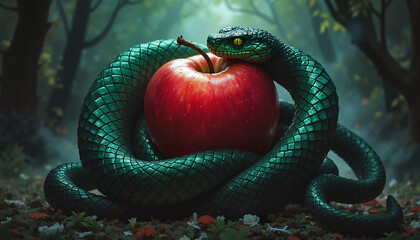 Green snake coiled around a red apple in a mysterious forest setting, creating a captivating tableau, copy space