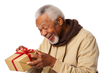 Elderly man joyfully opening a gift box with a smile, isolated on a transparent or white background.
