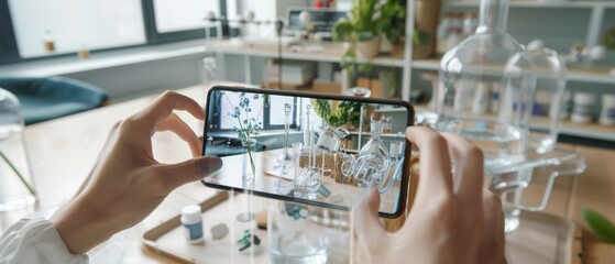 A smartphone frames a chemistry lab with glassware and tools, capturing a scientific workspace filled with curiosity and experimental vibes.