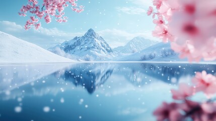 Snowy mountain range reflected in a still lake with cherry blossoms framing the scene.