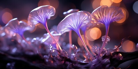 Naklejka premium Delicate, translucent flowers bloom with a soft, purple glow against a backdrop of warm, blurred lights.