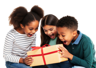 Children excitedly opening a gift, cheerful atmosphere, holiday celebration. Isolated on a transparent or white background.
