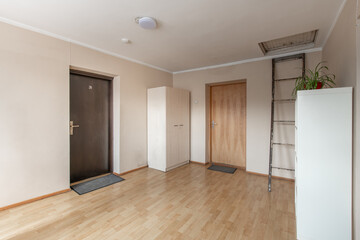 Home Corridor, Entrance Hall. Hallway. Walls, Hardwood Floor. LED Light on the Ceiling. Old Retro Doors